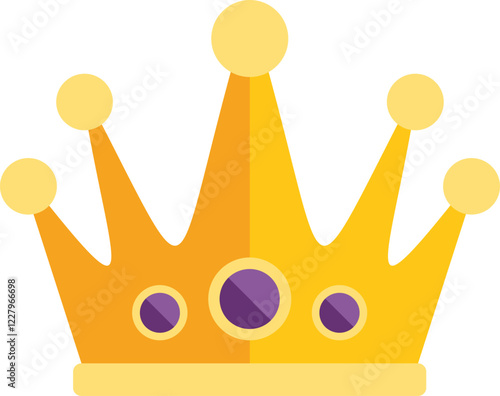 Cartoon style golden crown with purple jewels is standing on a white background