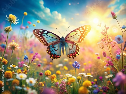 Kawaii Butterfly in Vibrant Meadow Landscape: Cute Insect Spring Nature Stock Photo