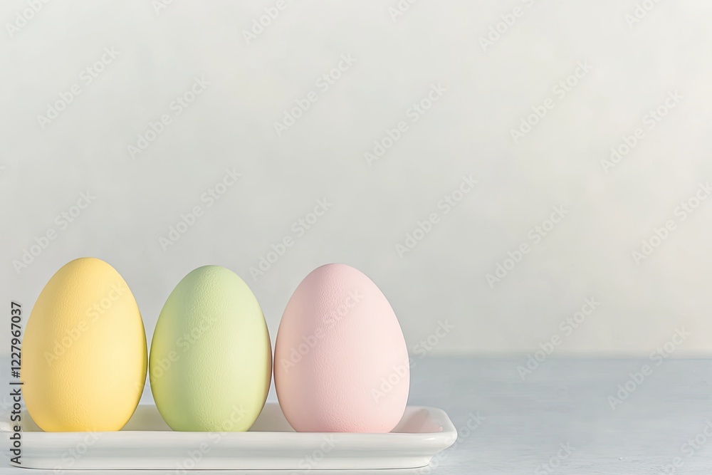 Fototapeta premium neat trio of pastel yellow pink and green easter eggs arranged on clean white ceramic tray with soft light