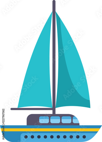 Minimalist illustration of a sailboat sailing on calm water, with a blue sail and a blue hull