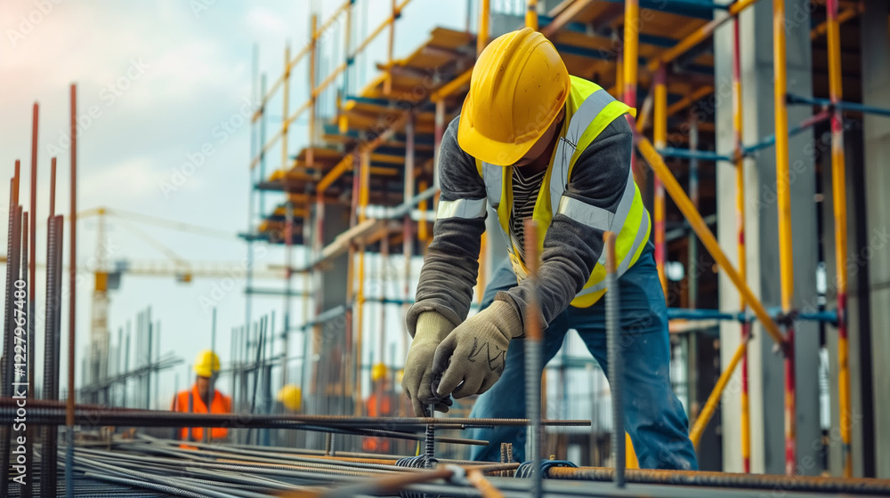 A construction worker wearing a yellow hard hat and safety vest is working on a building site, handling steel rebar, The background shows scaffolding and other construction activities A construction worker wearing a yellow hard hat and safety vest is working on a building site, handling steel rebar, The background shows scaffolding and other construction activities