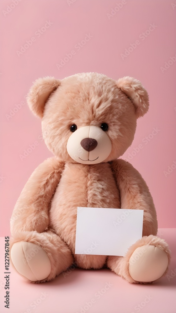 Fototapeta premium A plush teddy bear holding a handwritten love note, sitting on a soft pink background. 
