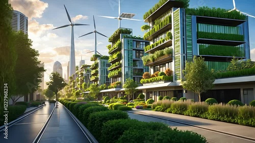 Sustainable Green City with Eco-Friendly Buildings, Vertical Gardens, and Wind Turbines in a Futuristic Urban Landscape

 photo