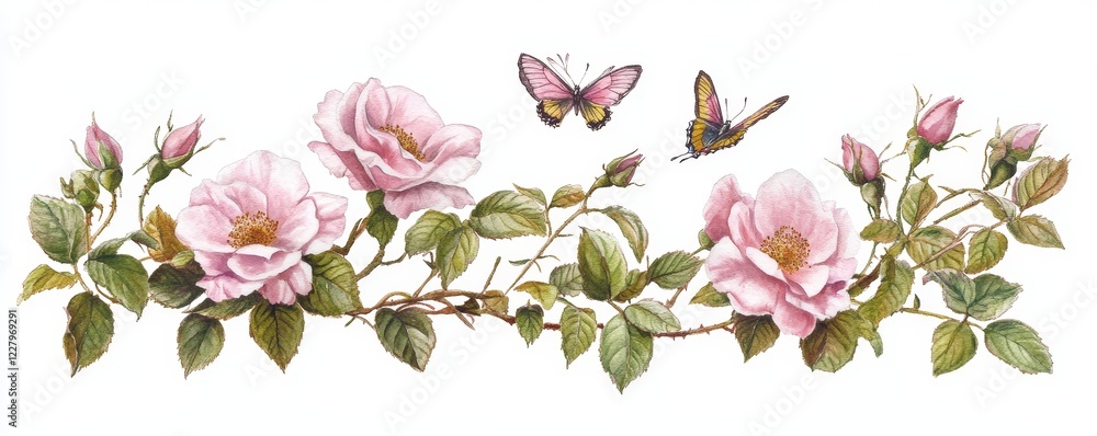 custom made wallpaper toronto digitalWatercolor Painting of Pink Roses and Butterflies Floral Composition, Botanical Illustration, Nature Art Botanical illustration, Watercolor painting