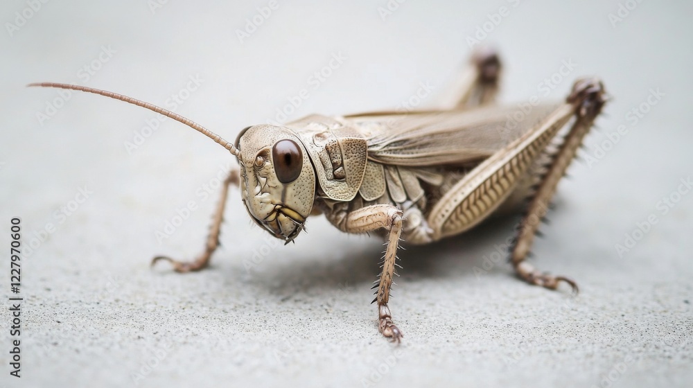 Close-up of a light brown grasshopper on a light surface. Close-up of a light brown grasshopper on a light surface.