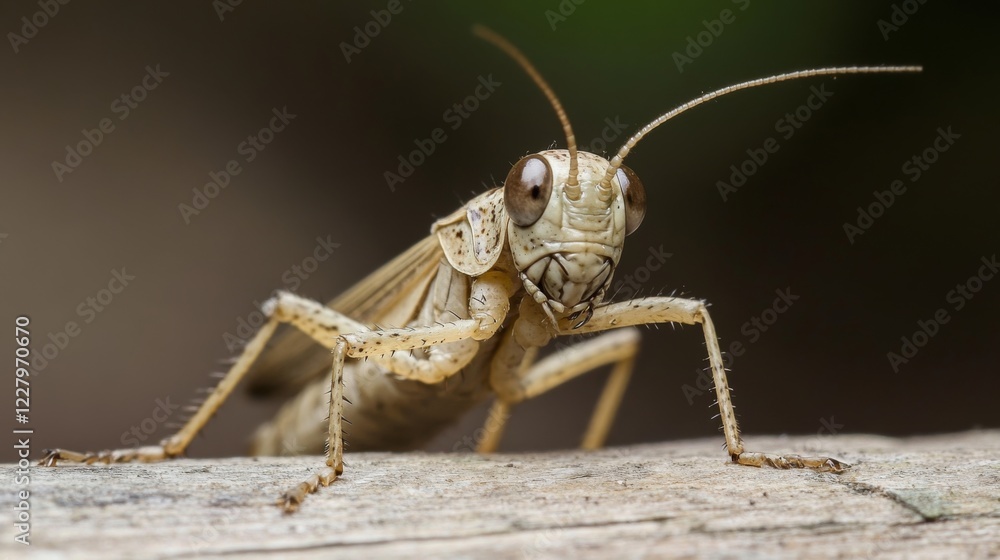 Close-up of a light brown grasshopper on a wooden surface. Close-up of a light brown grasshopper on a wooden surface.