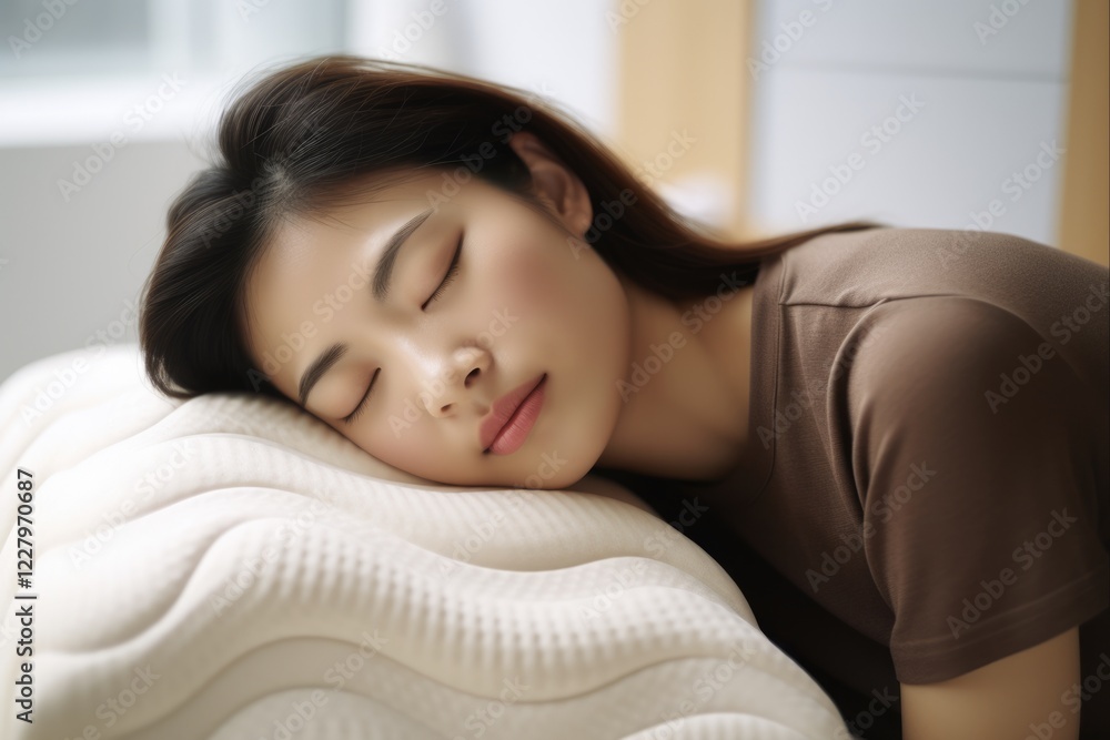 Stomach Sleeper: Asian Woman Rests Head on Ergonomic Foam Pillow While Sleeping Peacefully on Mattress Stomach Sleeper: Asian Woman Rests Head on Ergonomic Foam Pillow While Sleeping Peacefully on Mattress