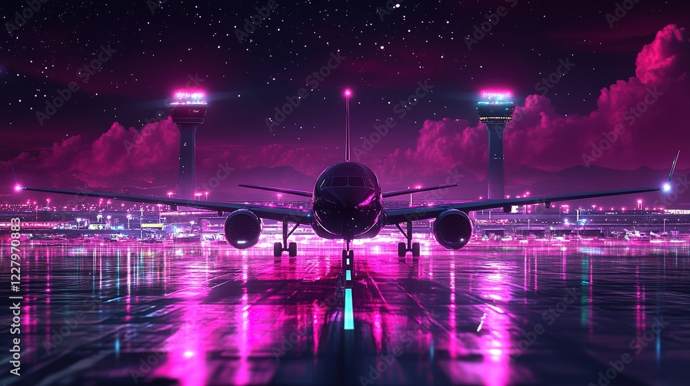 Obraz premium A digital art illustration of an airplane on the runway at night, illuminated by neon lights and stars in the sky.
