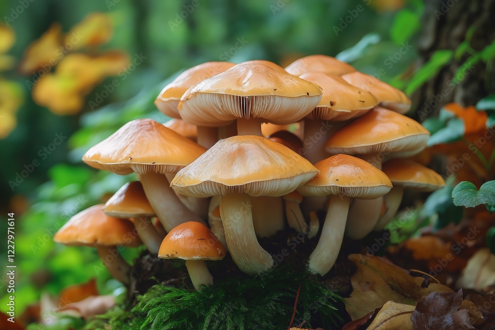 An enchanting group of orange mushrooms thrives in nature. An enchanting group of orange mushrooms thrives in nature.