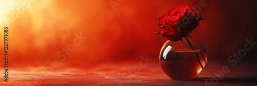 An exquisite red rose captured in a glass vase, representing love and beauty with a warm ambiance. photo