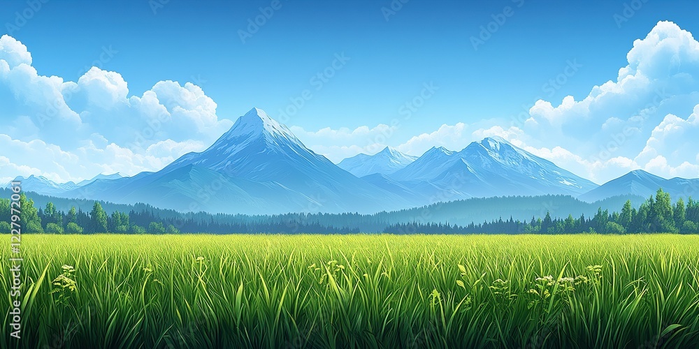 Obraz premium Majestic mountains and lush green fields under a bright blue sky during daytime