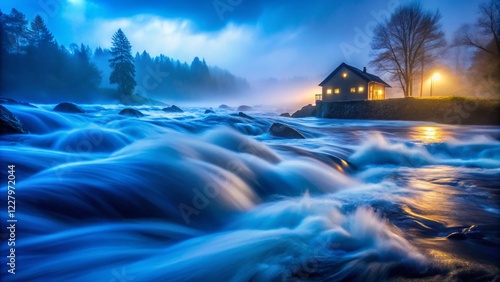 Lone Houselight in Blue Foggy Flood - Eerie River Scene photo