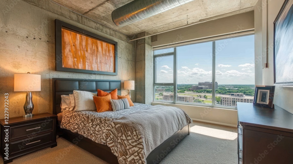 Fototapeta premium Modern City View Bedroom With Exposed Concrete