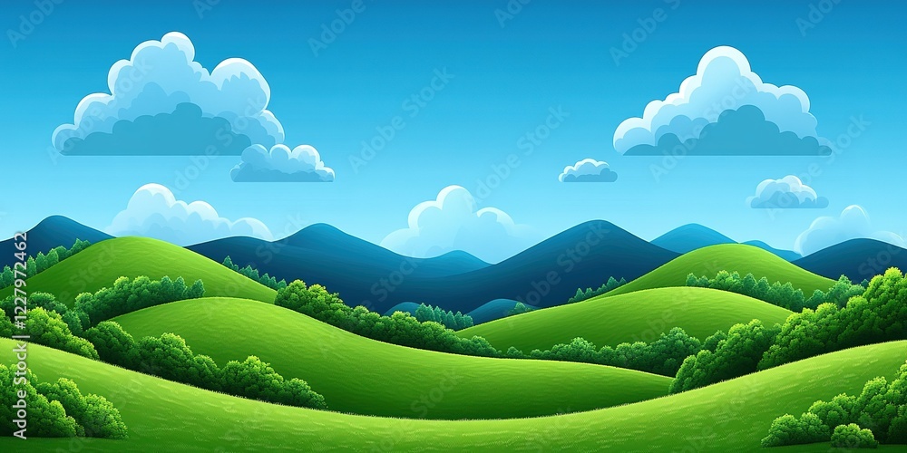 Obraz premium Beautiful green hills under a bright blue sky with fluffy clouds in a vibrant landscape