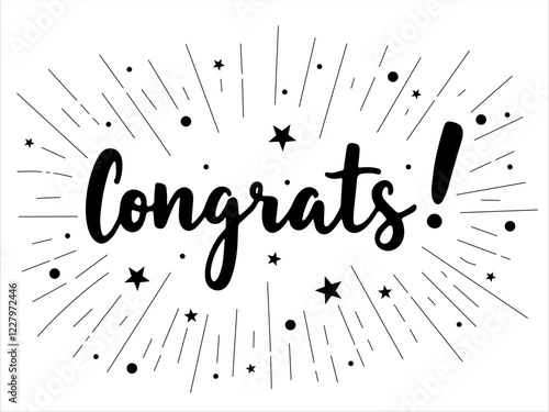 Congrats lettering in black calligraphy with decorative fireworks like lines, stars, and circles on a white background. Perfect for greeting cards, celebrations, and congratulatory designs.