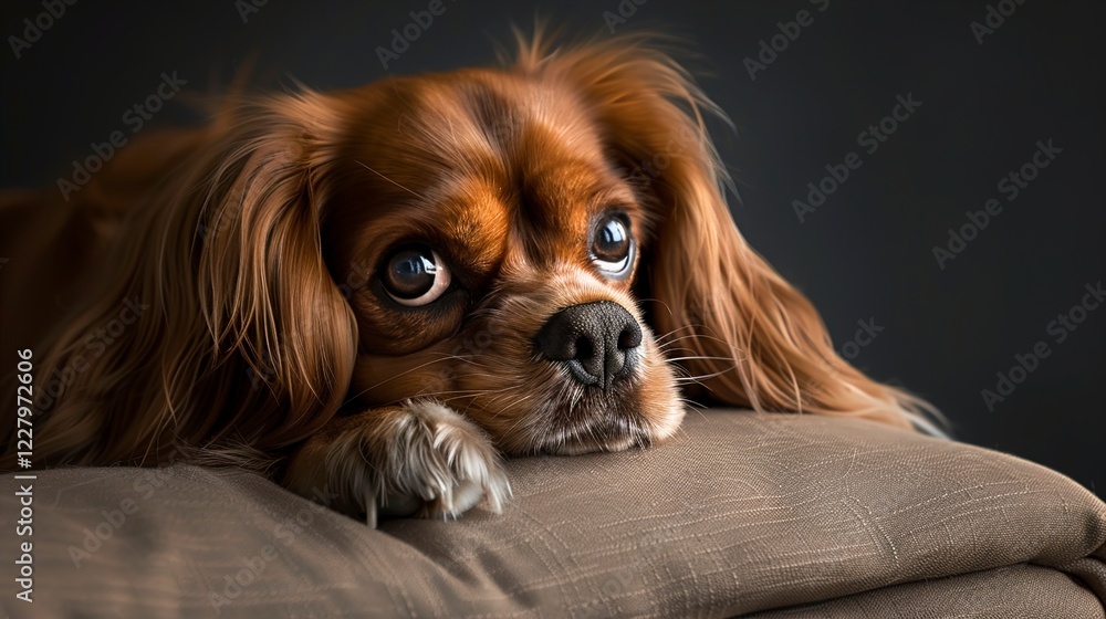 Naklejka premium A Long haired dog lying down on a cushion looking