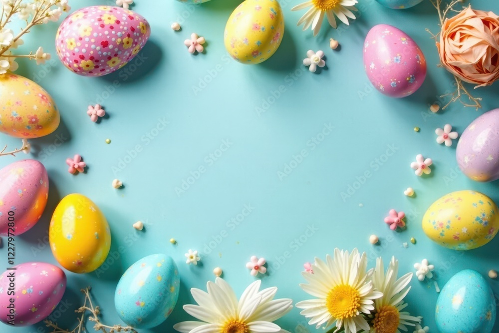 Colorful Easter eggs scattered around a table with pastel-colored decorations and ornaments , colored eggs, ornamental items, easter eggs Colorful Easter eggs scattered around a table with pastel-colored decorations and ornaments , colored eggs, ornamental items, easter eggs