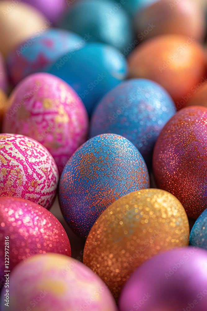 Close up view of multicolored painted easter eggs. Easter background or greeting card. Holiday symbol