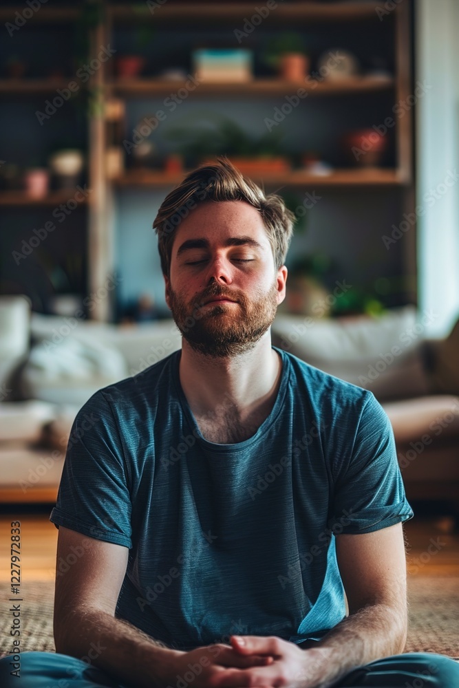A Man mediating in a serene home environment sitting A Man mediating in a serene home environment sitting