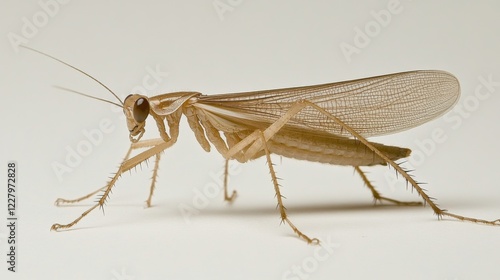 Wallpaper Mural Close-up of a tan praying mantis with long, thin legs and large wings against a white background. Torontodigital.ca