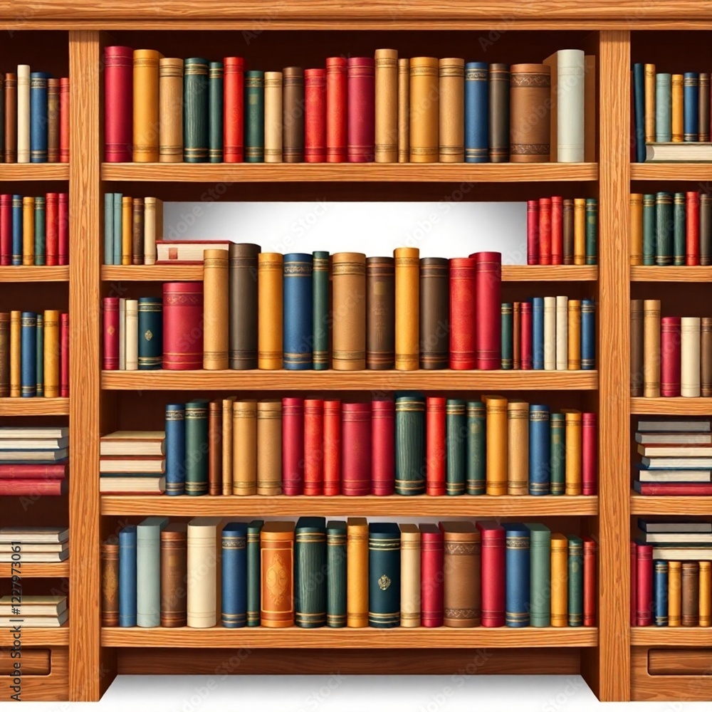 Clipart of a realistic bookshelf, library element, full of books, isolated against a white background, with high detail on wood grain and book spines Clipart of a realistic bookshelf, library element, full of books, isolated against a white background, with high detail on wood grain and book spines