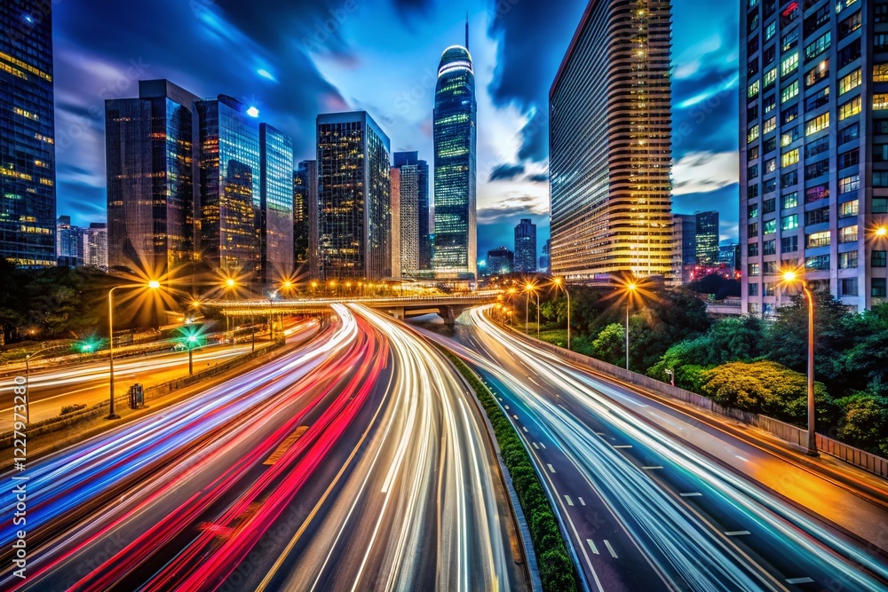 Fototapeta premium Long Exposure City Lights Trails at Night - Urban Night Photography