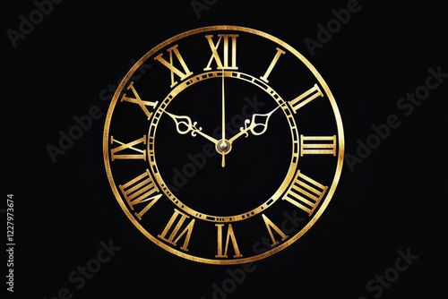 Elegant golden clock design with Roman numerals on a black background showing the time at five oclock. Generative AI photo