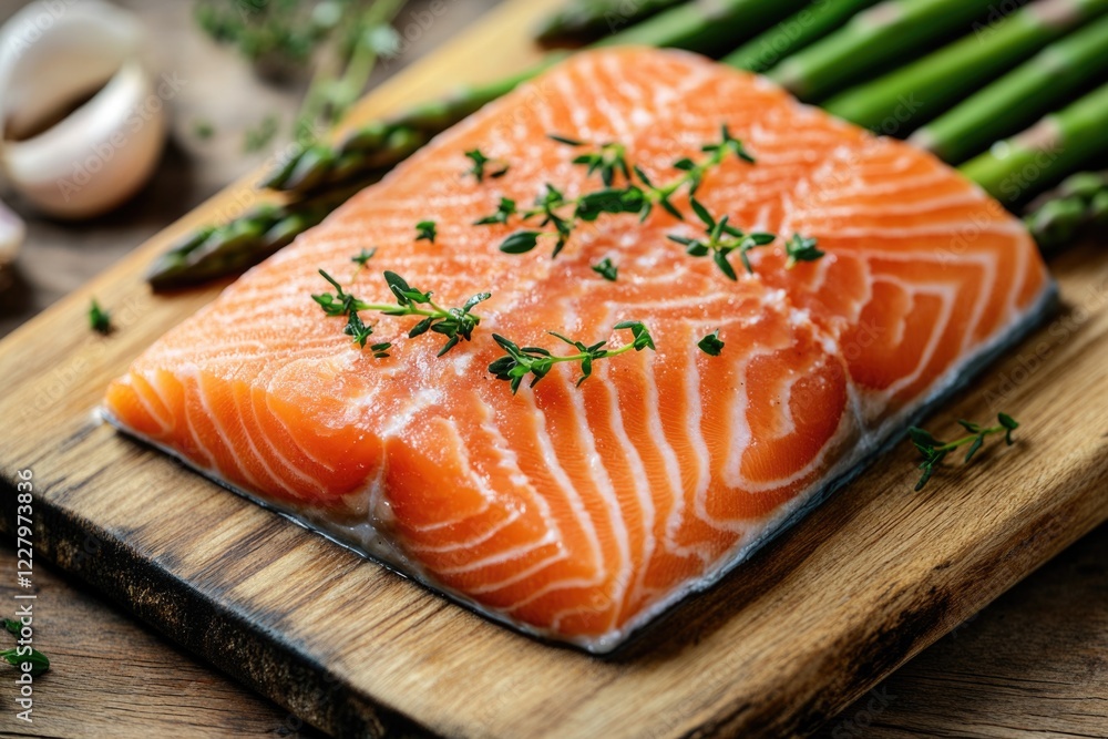 Fresh salmon steaks on a wooden board, garnished with herbs. A nutritious and high protein meal. Fresh salmon steaks on a wooden board, garnished with herbs. A nutritious and high protein meal.