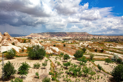Stunning landscape showcases unique rock formations and lush greenery in Cappadocia