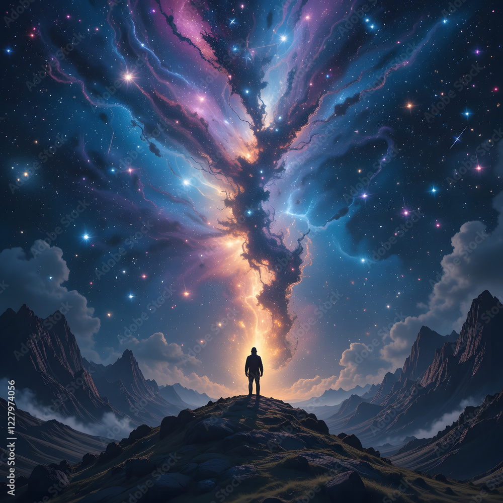 Fototapeta premium man on the top of mountain and milky way