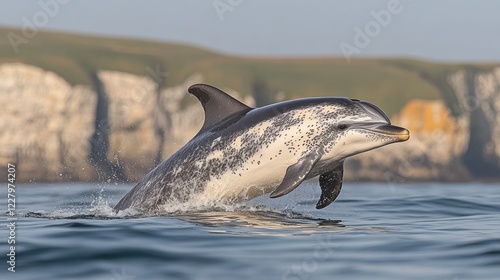 Spotted Dolphin Leaps Ocean, Cliffs Background photo