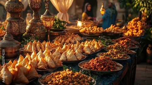 Samosas, dishes, buffet, market, sunset, Middle East, ornate, outdoor, crowd, background photo