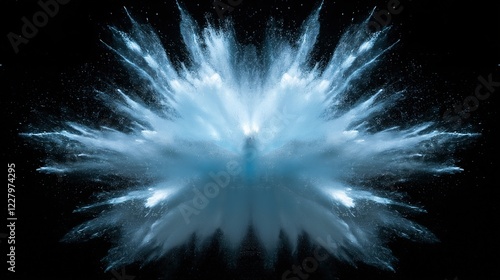 Blue powder explosion on black background with dynamic particle movement and energy burst effect photo