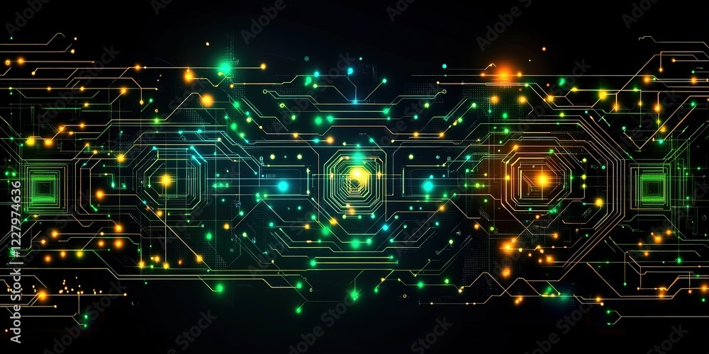 Fototapeta premium Colorful digital circuit board with glowing lights and intricate designs set against a dark background
