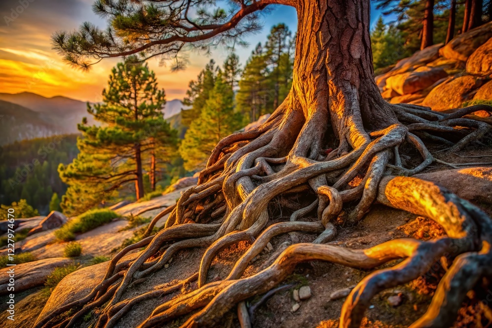 Fototapeta premium Long Exposure Photography: Exposed Pine Tree Roots Gripping Rocky Terrain