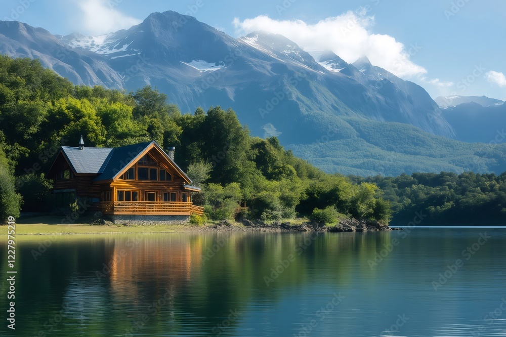 Charming wooden cabin by a tranquil lake reflecting the majestic snowy Andes Mountains in Patagonia, a perfect getaway for nature lovers Charming wooden cabin by a tranquil lake reflecting the majestic snowy Andes Mountains in Patagonia, a perfect getaway for nature lovers