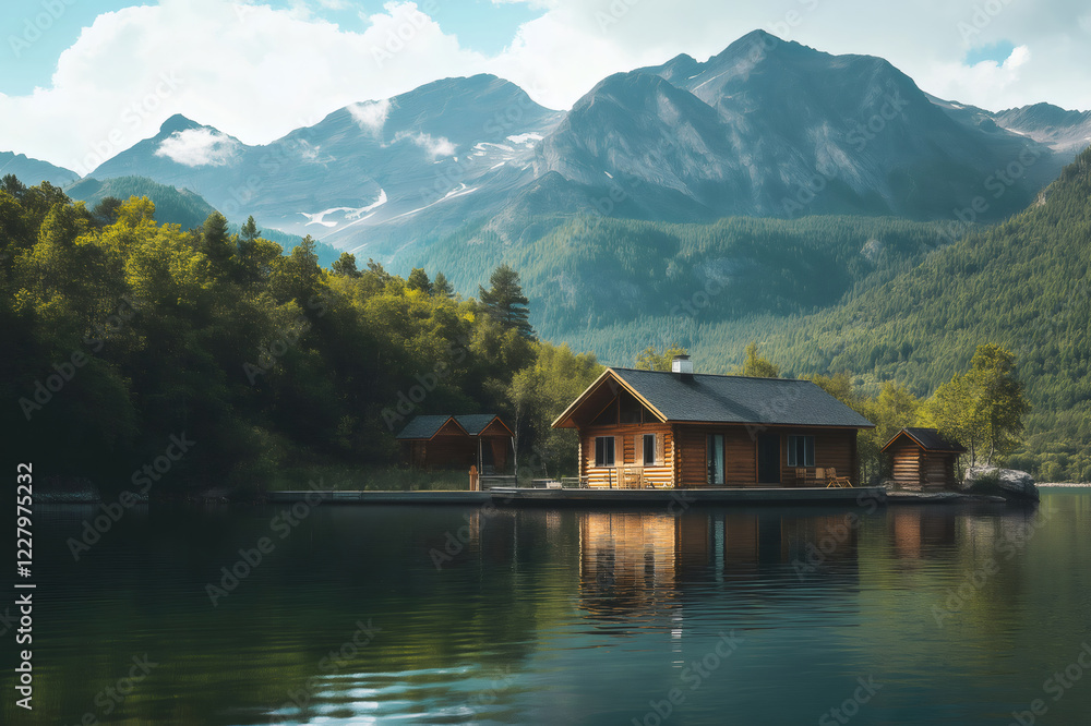 Tranquil scene of a wooden fishing lodge reflecting on a serene mountain lake, surrounded by lush forests and majestic peaks Tranquil scene of a wooden fishing lodge reflecting on a serene mountain lake, surrounded by lush forests and majestic peaks