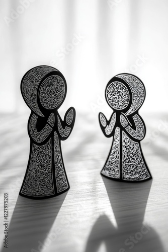 Two figures are praying, one of them is wearing a head scarf. The scene is set in a room with a window, and the figures are casting shadows on the floor