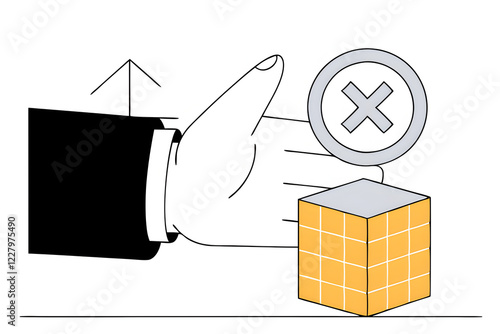 status quo bias fear or refuse to change, comfort zone or conservative thinking, afraid of changing risk or resist to make decision concept, businessman hand denied or refuse to get change cube box. photo