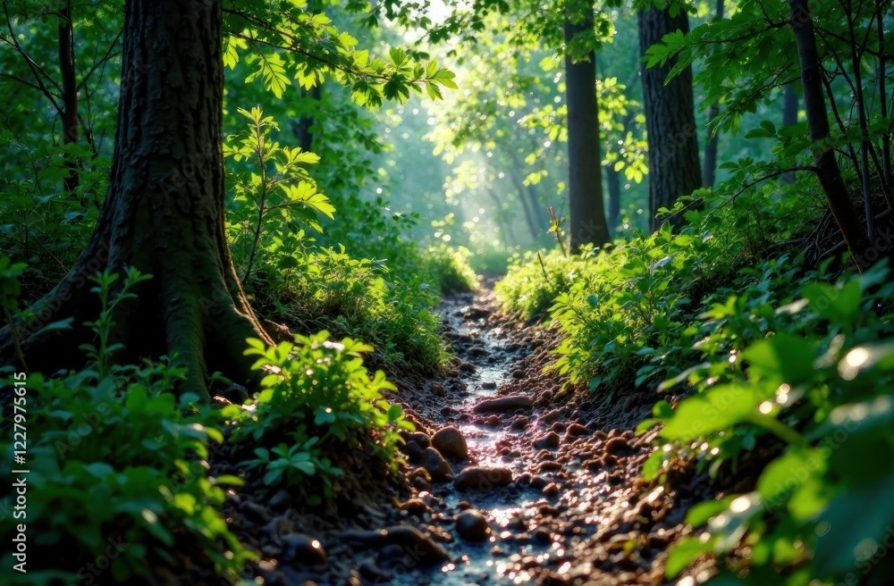 A forest trail reveals a winding stream surrounded by bright foliage and sunbeams filtering through the trees A forest trail reveals a winding stream surrounded by bright foliage and sunbeams filtering through the trees