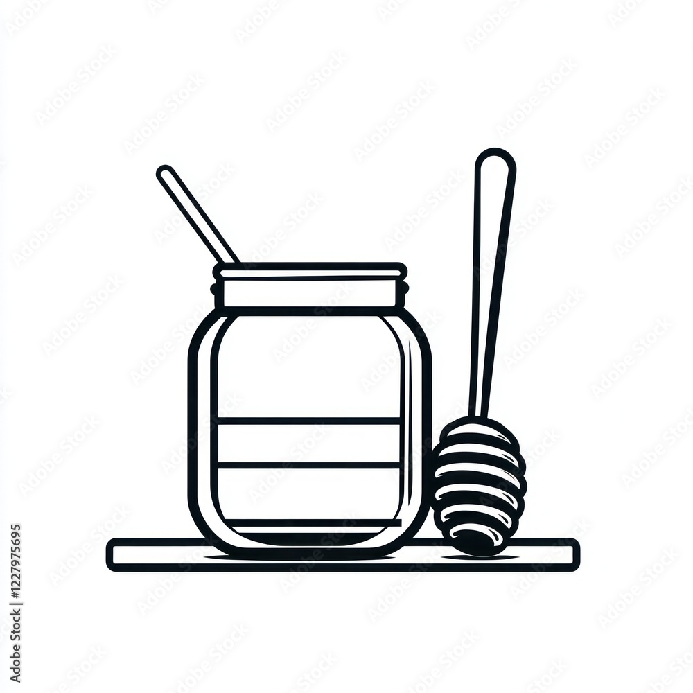 Fototapeta premium Honey jar, wooden dipper, white background, healthy food