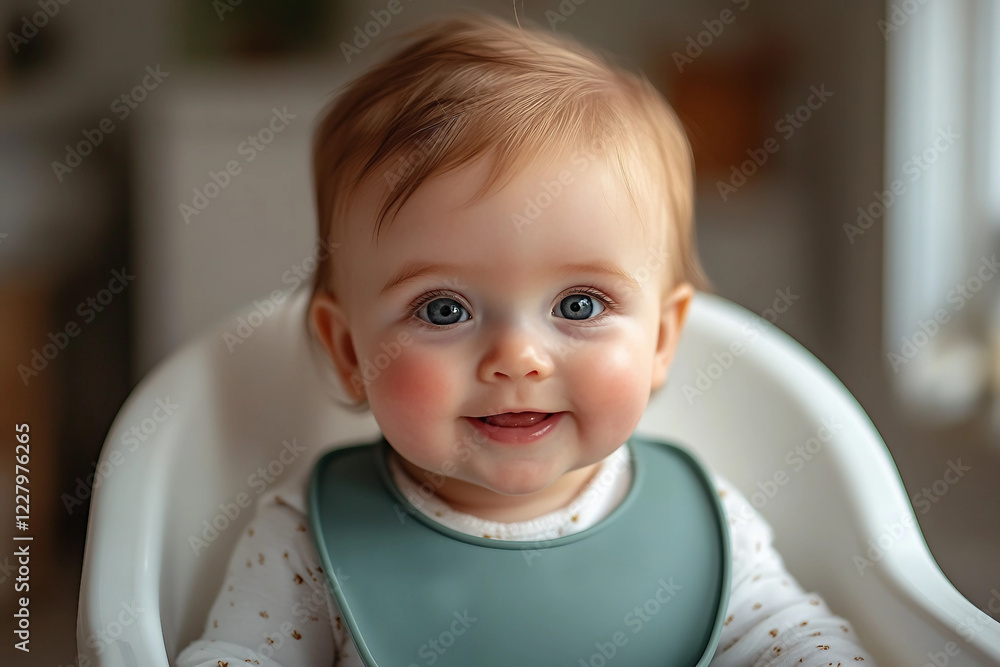 Adorable Baby Eating his her first food in Highchair, Generative AI artwork Adorable Baby Eating his her first food in Highchair, Generative AI artwork