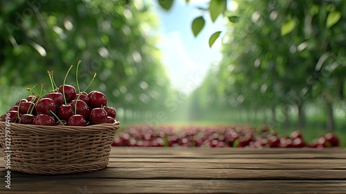 Freshly picked cherries fill a wicker basket on a wooden table, set against a blurred background of cherry trees in the garden.