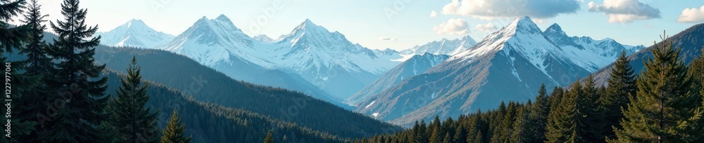 Dense forest of pine trees with snow-capped mountains in the background, nature, evergreen, scenery Dense forest of pine trees with snow-capped mountains in the background, nature, evergreen, scenery