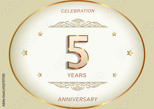 5 years anniversary celebration, greeting card, festive background with jubilee numerals in golden oval frame with stars and pattern. Vector illustration