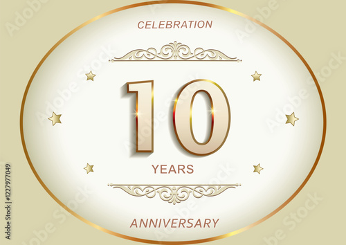10 years anniversary celebration, greeting card, festive background with jubilee numerals in golden oval frame with stars and pattern. Vector illustration