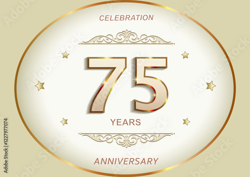 75 years anniversary celebration, greeting card, festive background with jubilee numerals in golden oval frame with stars and pattern. Vector illustration