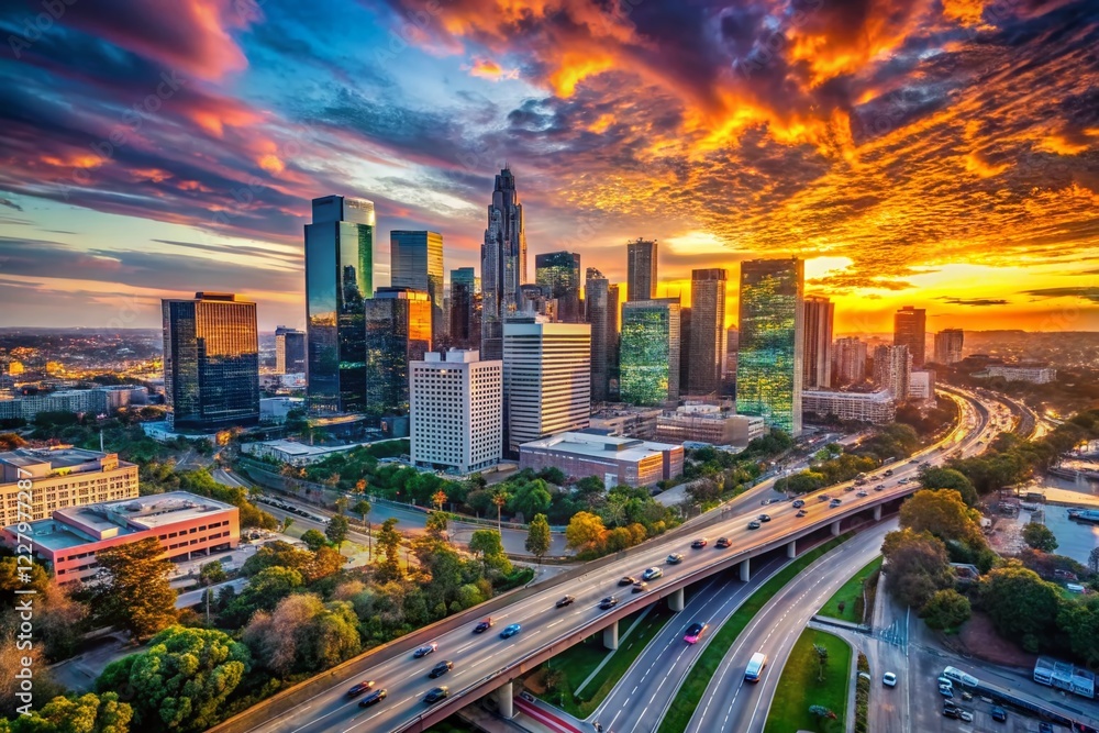 Fototapeta premium Los Angeles Downtown Sunset Aerial: Futuristic Financial District & Freeway