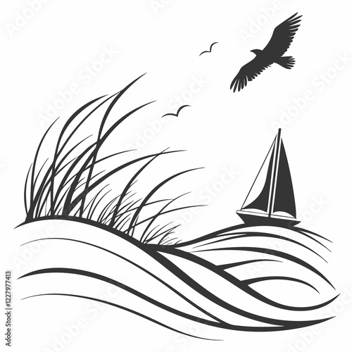 meadow, illustration, grass, nature, vector, plant, in silhouette, backgrounds, black and white, growth, herb, horizon, valley, vertical, abstract, back lit, beauty in nature, fir tree, flower, leaf, 