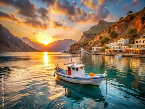 Loutro Crete Sunset Boat Return: Idyllic Greek Island Fishing Boat Sailing into Harbor at Golden Hour photo